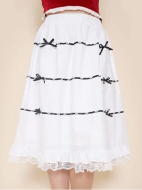 Cherie Lou White Midi Lace Hem Skirt with Black Ribbon Detail